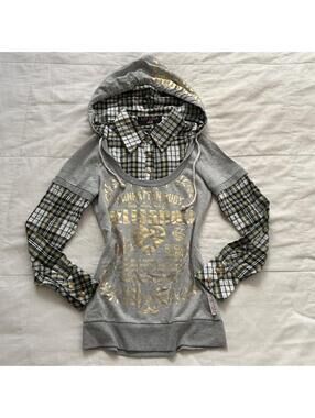 Liz Lisa Doll Gray Layered Plaid Hoodie Graphic Top Japan Size XS